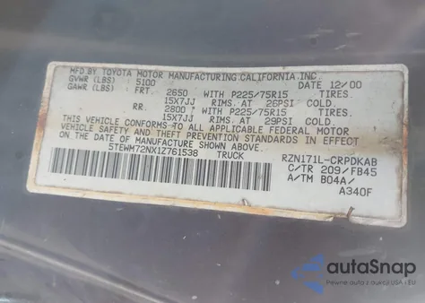 2001 Toyota Tacoma z USA, uszkodzony, nr VIN 5TEWM72NX1Z761538